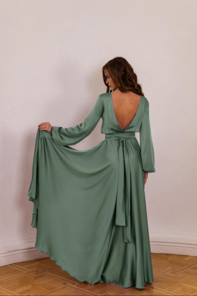Sage Green Open Back Bridesmaid Dress Elegant Wedding Guest Dress Custom Made Maxi Dress Formal Long Sleeve Evening Gown